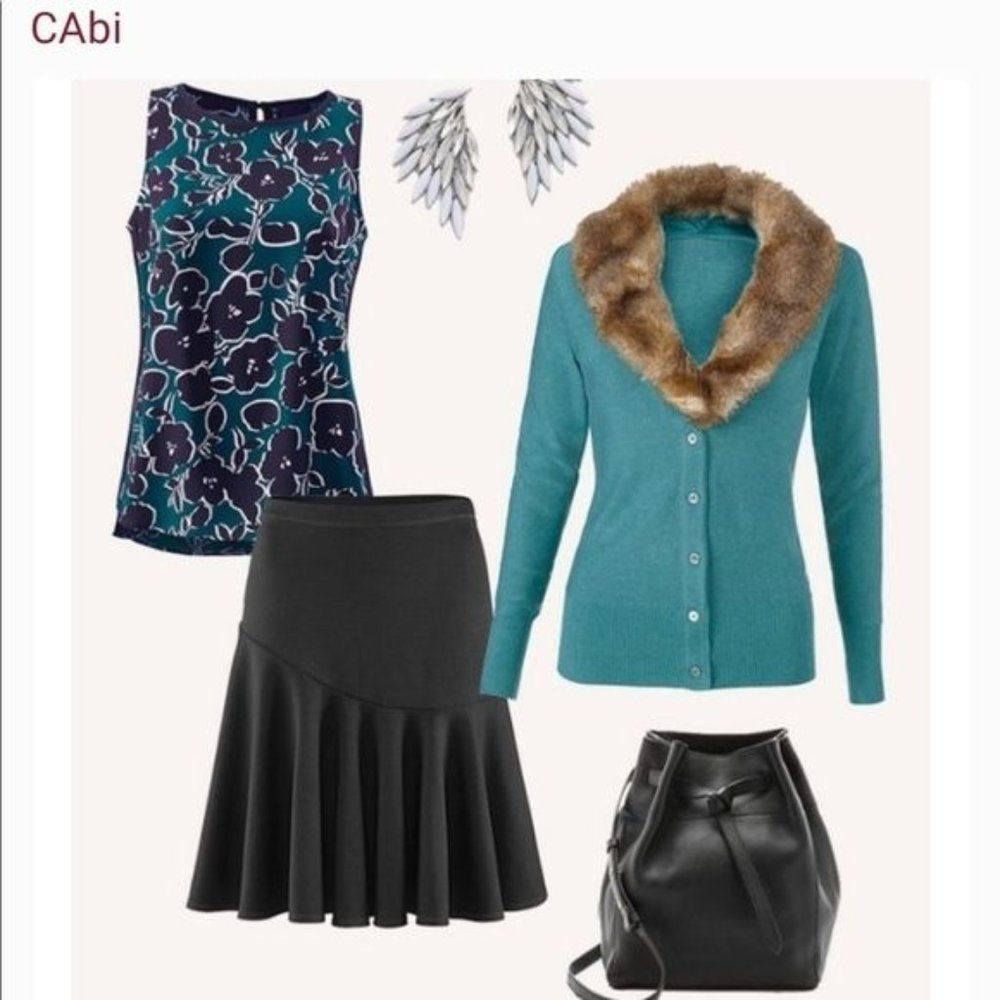CAbi Tearoom Cardigan w/faux fur collar removable Medium Teal Green EUC - Picture 9 of 14